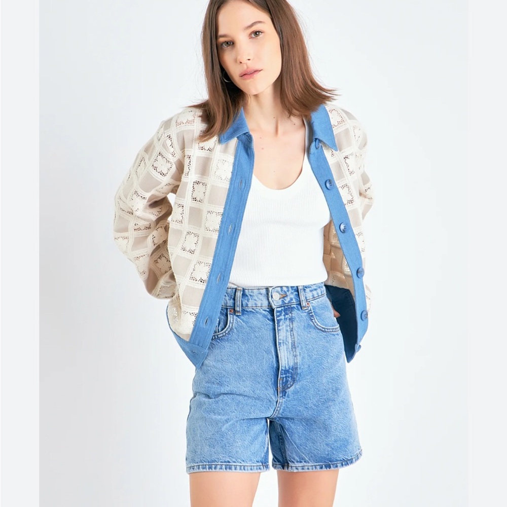 New English Factory patchwork crochet denim jacket